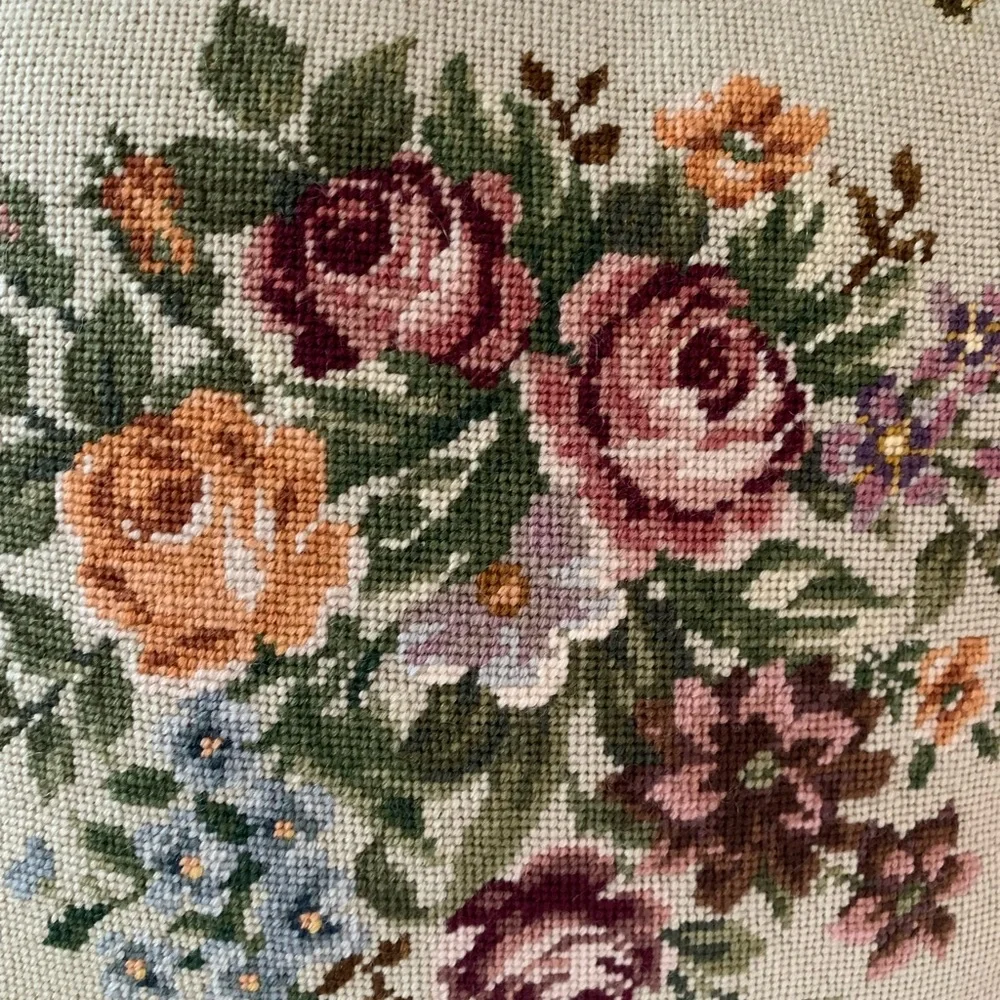 Vintage Floral Needlepoint Pillow with Green and Pink Accents